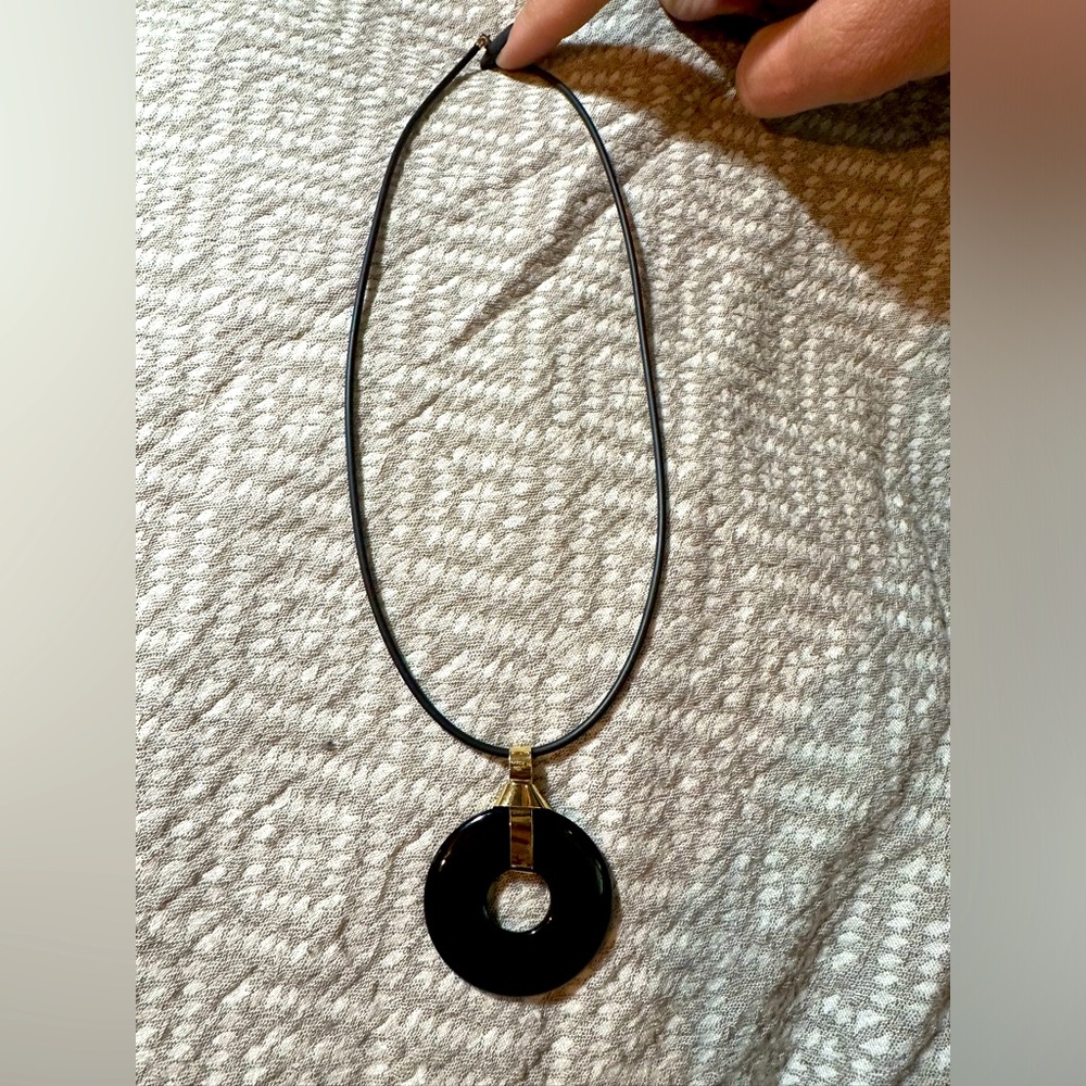 RARE Vintage Modernist Black Onyx & 14K Gold Pendant Necklace Signed KM NABCO